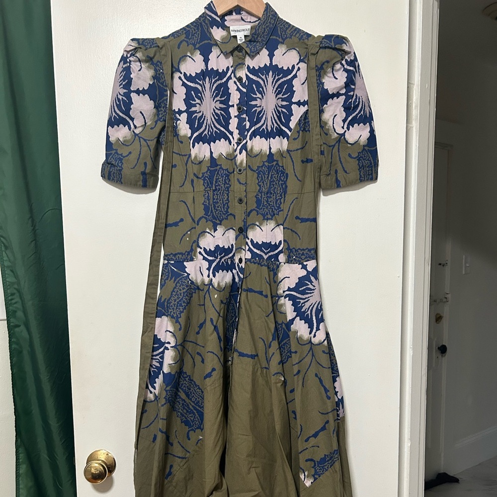 Chic Olive and Blue Floral High-Low Dress